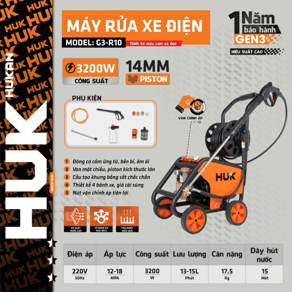 Máy xịt rửa xe có chỉnh áp 3200W HUKAN G3-R10