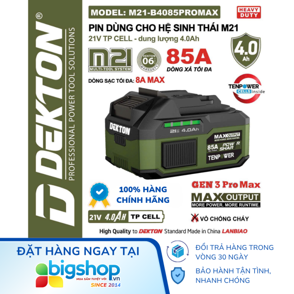 Pin 21V/4.0Ah DEKTON M21-B4085PROMAX (GEN 3 Pro Max, Dòng sạc 85A)