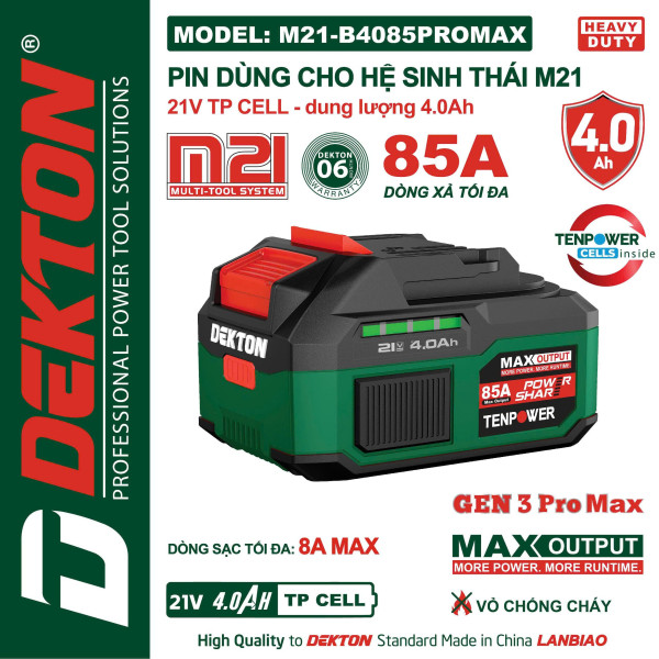 Pin 21V-4.0AH- DEKTON vỏ chống cháy, dòng xả cao - M21-B4085PROMAX, 85A, GEN 3