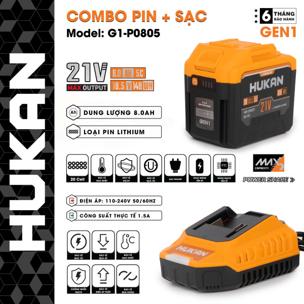 Combo Pin HUKAN 20Cell 8.0Ah + Sạc nhanh HUKAN G1-P0805
