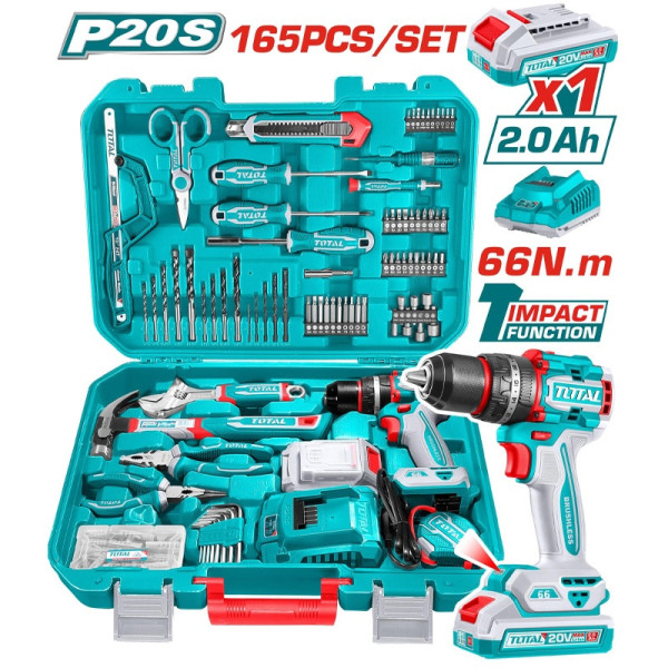 Bộ 165 món TOTAL THKTHP116 kèm máy khoan pin không chổi than TIDLI20668