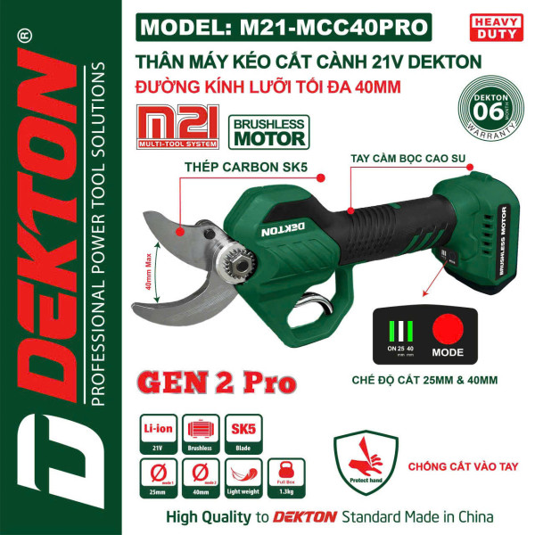 Kéo cắt cành dùng pin 21V Dekton M21-MCC40PRO