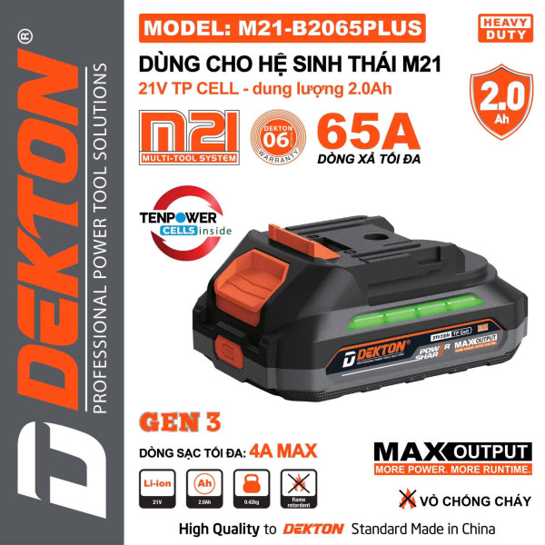Pin phổ thông 21V 2.0Ah Dekton M21-B2065PLUS