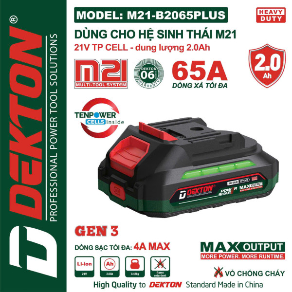 Pin phổ thông 21V 2.0Ah Dekton M21-B2065PLUS