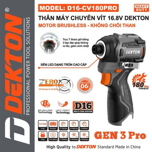 Thân máy vặn vít Dekton D16-CV180PRO (Gen 3 Pro), 180N