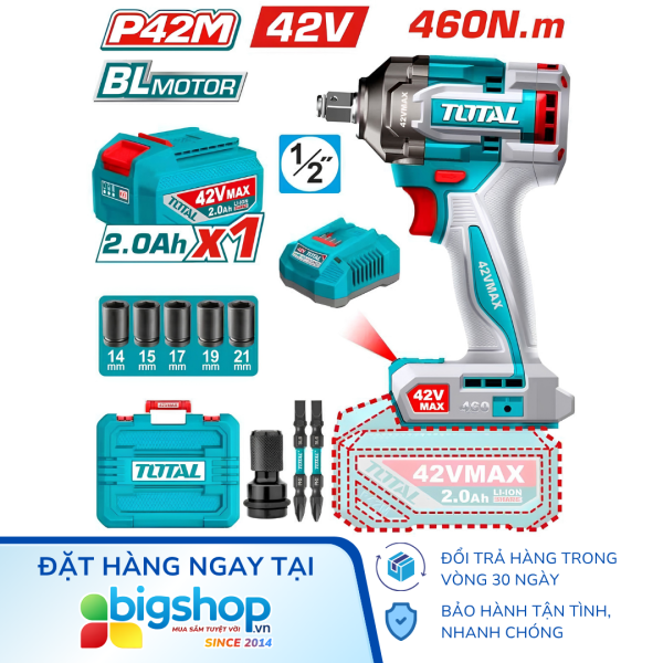 Máy siết bulong dùng pin 42V TOTAL TIWLI42461 - Lực siết 460Nm (1 pin 42V/2.0Ah và sạc)