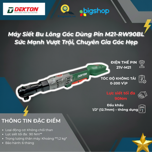 Máy Siết Bu Lông Góc DEKTON Dùng Pin M21-RW90BL - Giải Pháp Tối Ưu Cho Vị Trí Khó, Chính Hãng