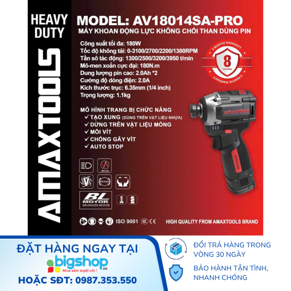 Máy chuyên vít có búa dùng pin 16V Amaxtools AV18014SA-PRO