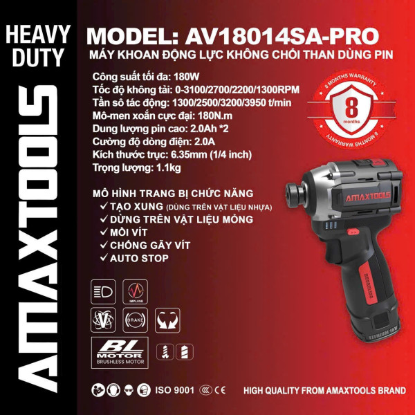 Máy chuyên vít có búa dùng pin 16V Amaxtools AV18014SA-PRO