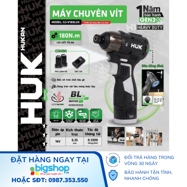 Máy chuyên vít dùng pin 16V HUKAN G3-V180LUX (GEN 3, 180Nm)
