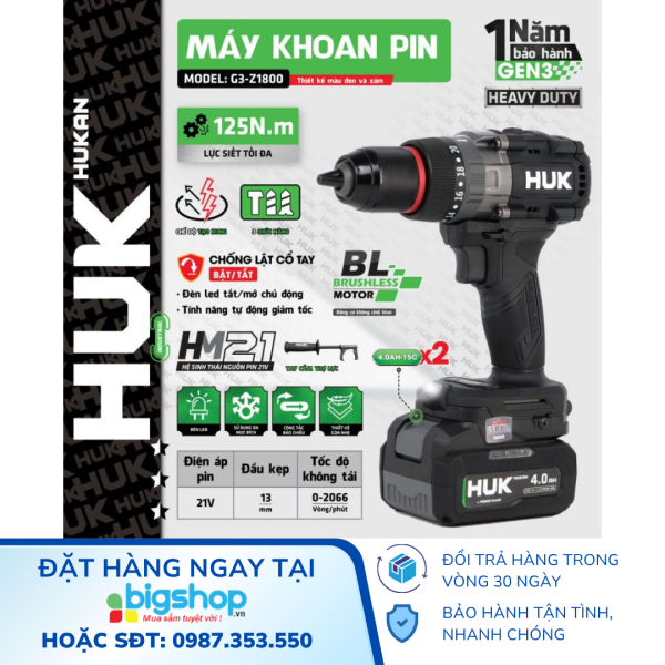 Máy khoan pin 21V, 3 chức năng HUKAN G3-Z1800 (GEN 3, 125Nm)