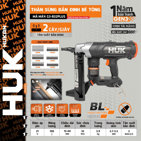Máy bắn đinh bê tông dùng pin 21V 100J HUKAN G3-B32PLUS