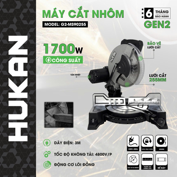 Máy cắt nhôm 1700W HUKAN G2-MS90255 (GEN 2)