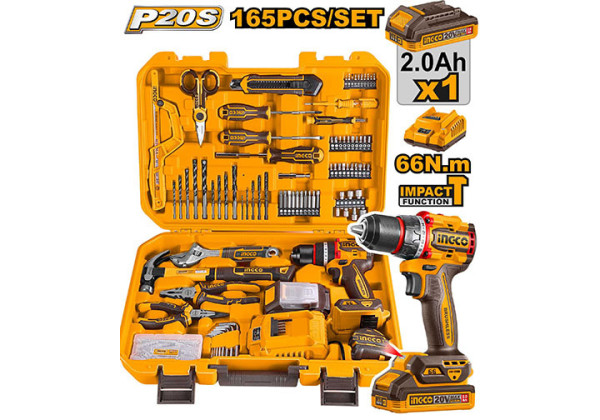 Combo Bộ dụng cụ 165 chi tiết và máy khoan búa pin  INGCO HKTHP11651, 66N