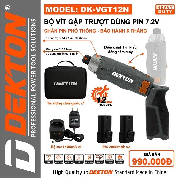 Bộ vít gập trượt dùng pin 7.2V Dekton DK-VGT12N