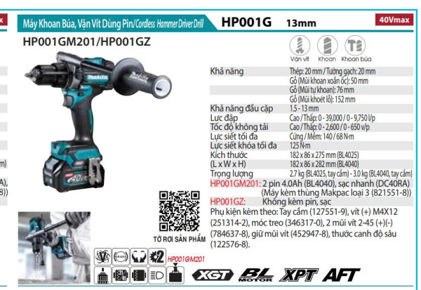 MÁY KHOAN BÚA & VẶN VÍT DÙNG PIN MAKITA HP001GM201 (40V MAX)