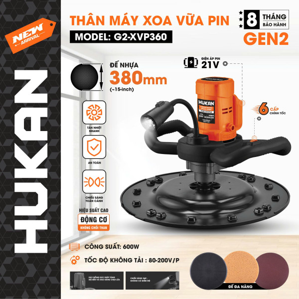 Máy xoa vữa dùng pin 21V 600W 380mm HUKAN G2-XVP360