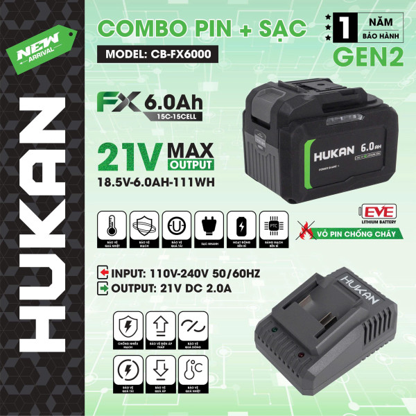 Combo Pin FX6000 + Sạc 1.5Ah HUKAN CB-FX6000 (GEN2)