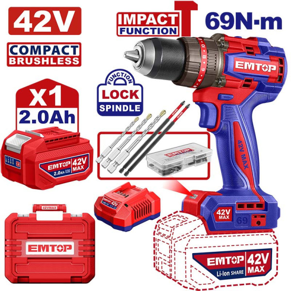 Bộ máy khoan PIN 42V 13mm 69N.m EMTOP ECIDL426981