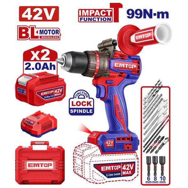 Bộ máy khoan PIN 42V 13mm 99N.m EMTOP ECIDL429982