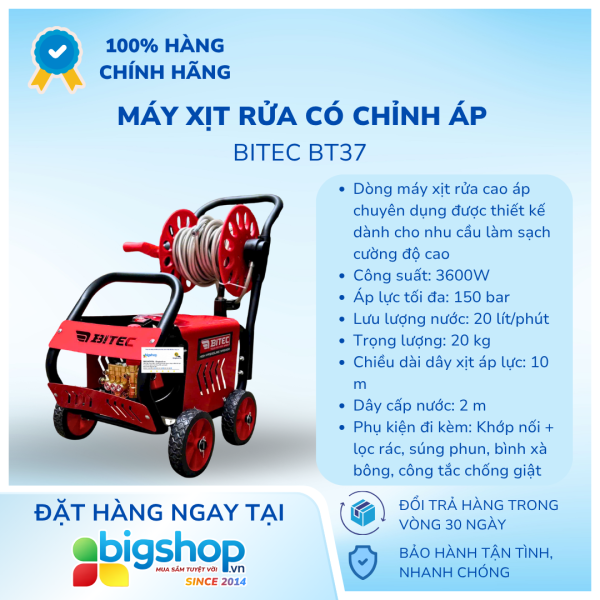 Máy xịt rửa có chỉnh áp 3600W BITEC BT37