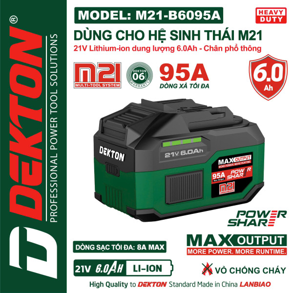 Pin Dekton 21V 6.0Ah M21-B6095A – Dòng Xả Cao 95A