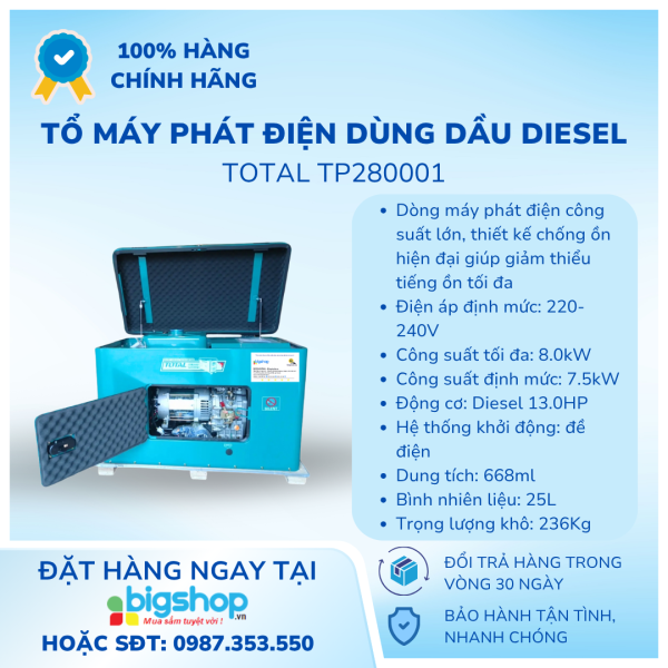 Tổ máy phát điện dùng dầu diesel 8.0kW TOTAL TP280001