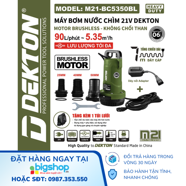 Máy bơm nước chìm DEKTON 21V M21-BC5350BL, lưu lượng 90L/phút