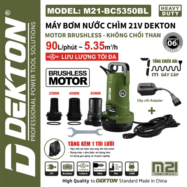 Máy bơm nước chìm DEKTON 21V M21-BC5350BL, lưu lượng 90L/phút