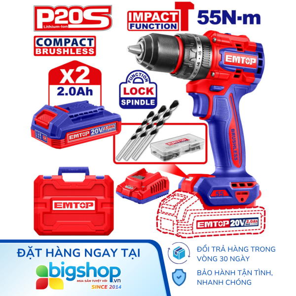 Máy khoan động lực dùng pin 20V EMTOP ECIDL20558 (Mũi 13mm, 2 Pin 2.0Ah và 1 Sạc)