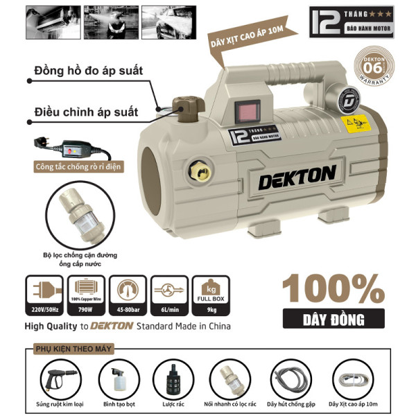 Máy Rửa Xe Dekton DK-CWR2200VTG – , 790W, Áp Lực 80Bar