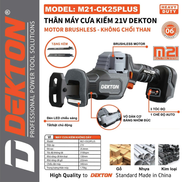 Thân Máy Cưa Kiếm Pin 21V DEKTON M21-CK25PLUS
