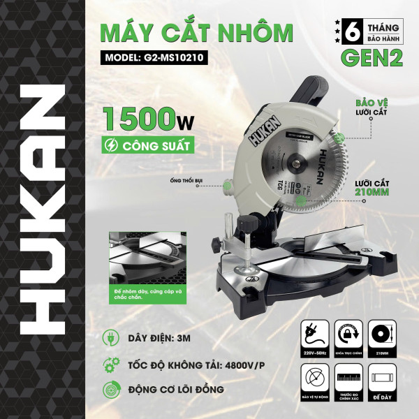 Máy cắt nhôm HUKAN G2-MS10210 (Gen 2) – 1500W, lưỡi 210mm