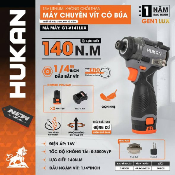 Máy vít búa Hukan G1-V141LUX – 140N.m, 2 pin 1.5ah, sạc