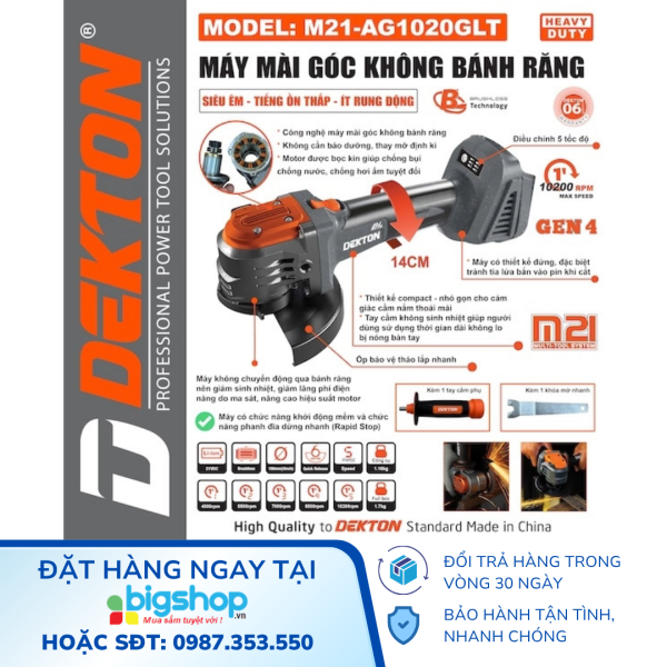 Máy Mài Góc Không Bánh Răng Dekton M21-AG1020GLT, 21V, Lưỡi 100mm