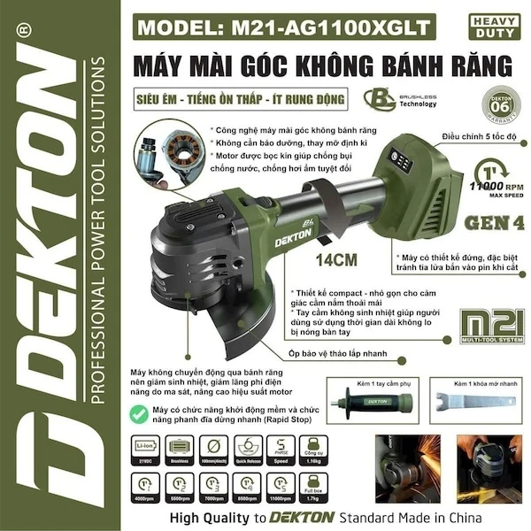Máy Mài Góc Không Bánh Răng Dekton M21-AG1100XGLT, 21V, Lưỡi 100mm
