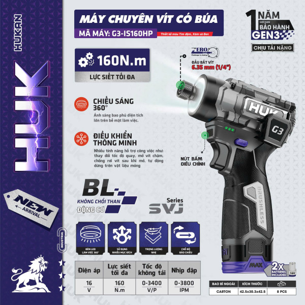 Máy Chuyên Vít Có Búa Đầu 1/4 HUKAN G3-IS160HP Gen 3 – 160Nm, Pin 16V