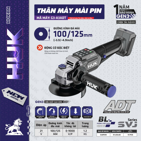 Thân Máy Mài Pin HUKAN 21V G3-A3ADT Gen 3, 100mm
