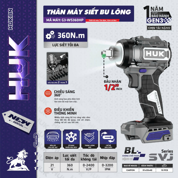 Máy Siết Bulong 2in1 HUKAN G3-WS360HP Gen 3 – 21V, 360Nm, Đầu 1/2 Inch