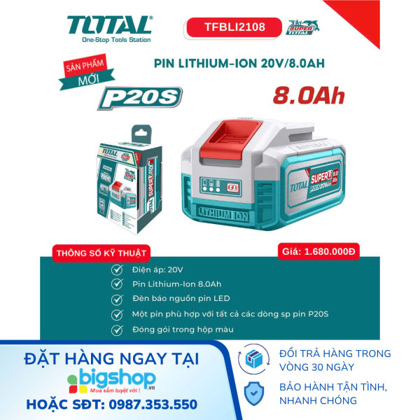 Pin Lithium-Ion TOTAL TFBLI2108 – Dòng P20S, 20V/8.0Ah