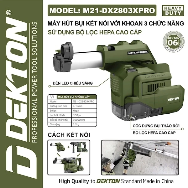 Bộ Hút Bụi Chuyên Dụng Kết Nối Máy Khoan Đục DEKTON M21-DX2803XPRO