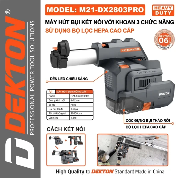 Bộ Hút Bụi Chuyên Dụng Kết Nối Máy Khoan Đục DEKTON M21-DX2803XPRO