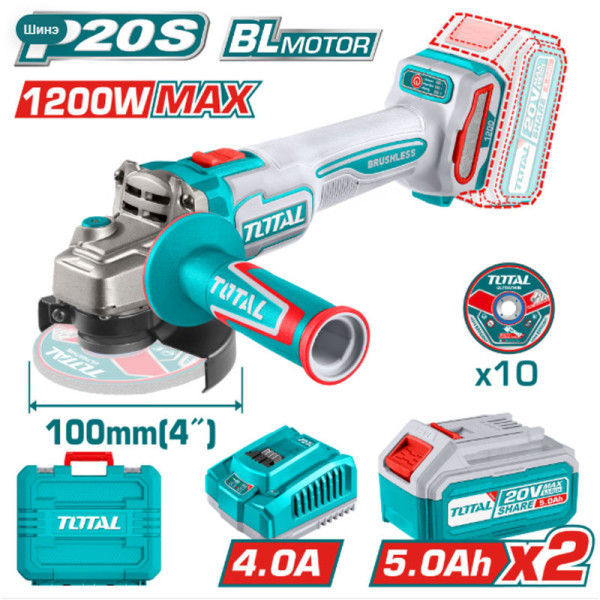 MáMáy mài góc pin TOTAL 20V không chổi than 100mm – TAGLI2210032 (2 pin 5.0Ah)
