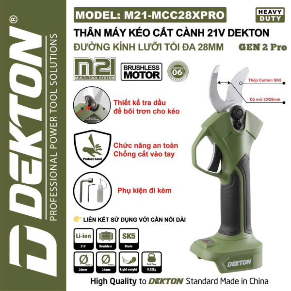 Kéo cắt cành pin 21V Dekton – Mở lưỡi 28mm, Brushless, cắt khỏe