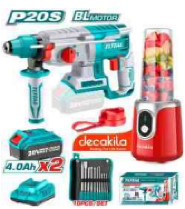 Bộ combo máy xay sinh tố KMJB022R dùng pin, máy khoan động lực TRHLI20228 Toal TOSLI230617 pin 20V và bộ 8 mũi khoan bê tông TACSD19101 Total TOSLI23061 