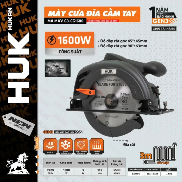 Máy cưa gỗ điện 185mm HUKAN GEN3,  1600W G3-CG1600