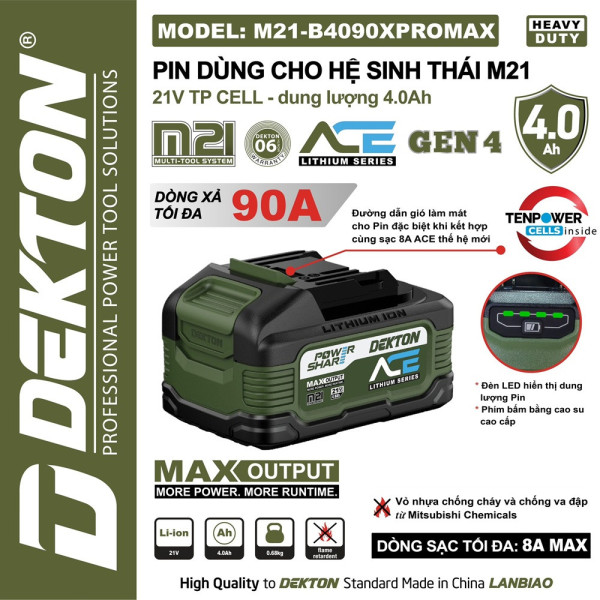 Pin DEKTON 21V /4ah, ACE SERIES phiên Pro M21-B4090XPROMAX/  M21-B4090PROMAX