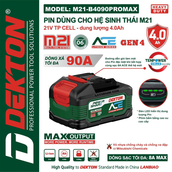 Pin DEKTON 21V /4ah, ACE SERIES phiên Pro M21-B4090XPROMAX/  M21-B4090PROMAX