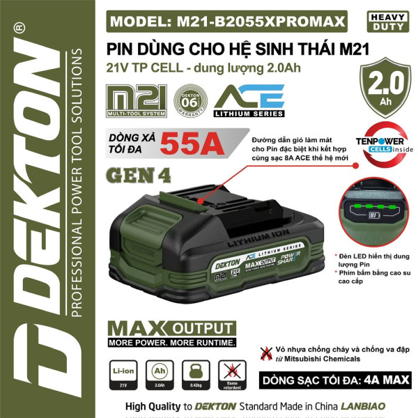 Pin 2.0ah DEKTON SERIES ACE phiên bản cao cấp M21-B2055XPROMAX 