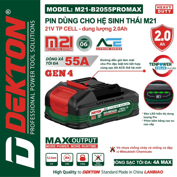 Pin 2.0ah DEKTON SERIES ACE phiên bản cao cấp M21-B2055XPROMAX 
